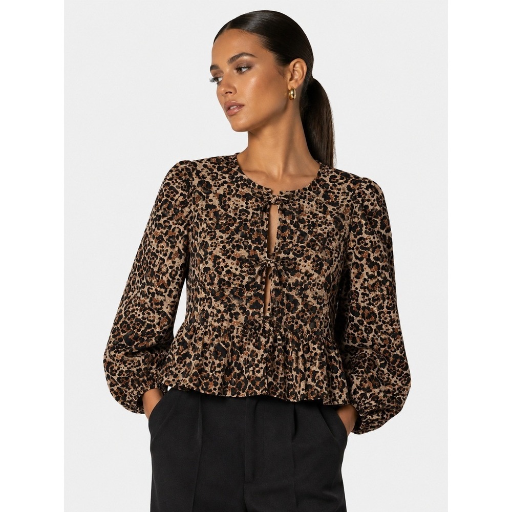 Sim & Sam Anthropologie 100% Cotton Leopard Animal Peplum Blouse Top Brown M New